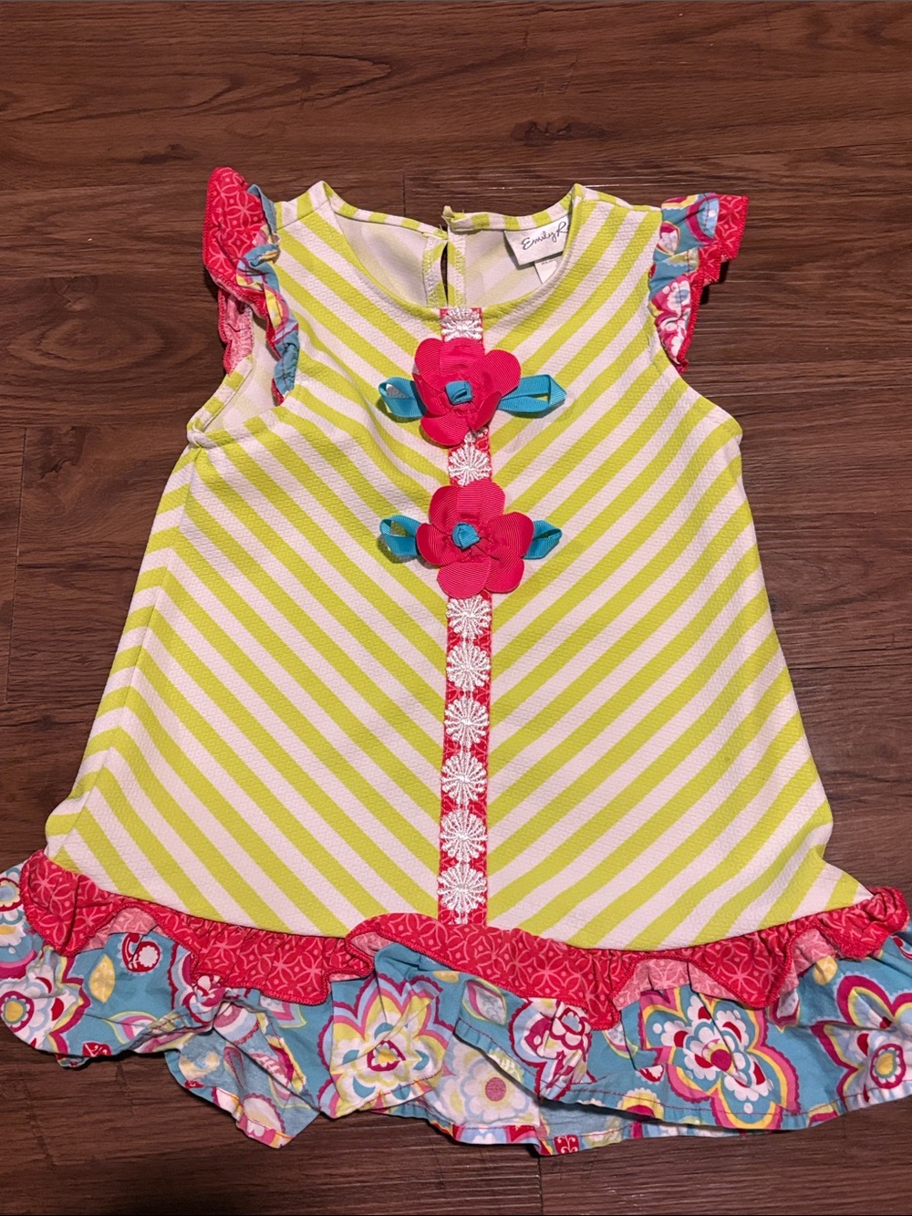 Emily Rose Lime and Pink Floral-Trim Girls Dress with Teal Accents